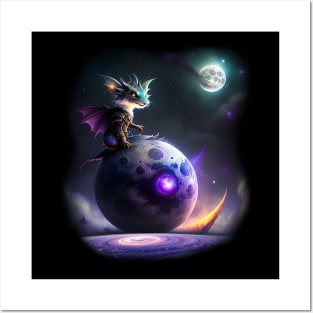 Fantasy space dragon moon scene design Posters and Art